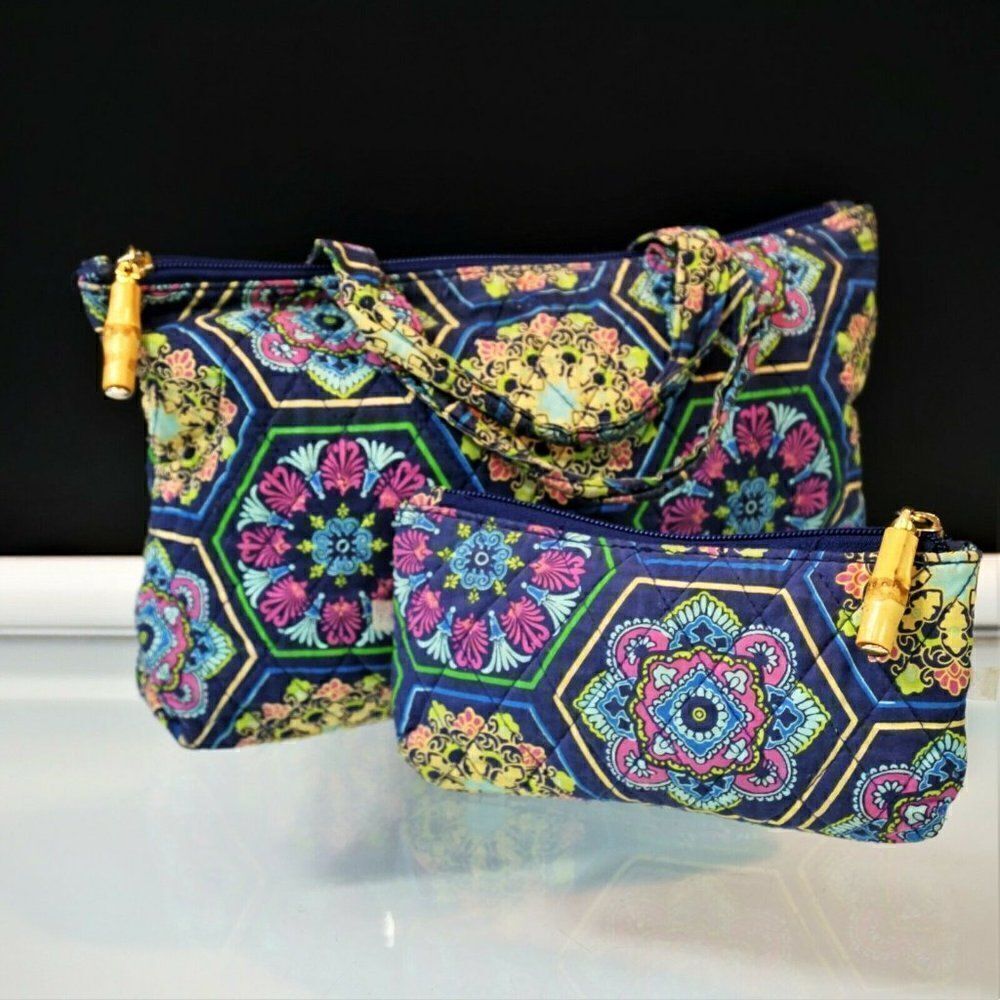 2 Cosmetic Makeup Bags Floral Quilted Medium And Small Faux Bamboo Zipper Pulls - Picture 3 of 5